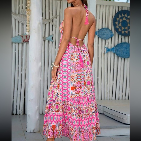Boho Floral Paisley Print Backless Halter Maxi Dress - Picture 1 of 7